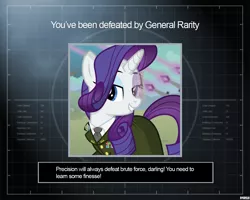 Size: 1280x1024 | Tagged: safe, artist:a4r91n, derpibooru import, rarity, pony, unicorn, clothes, command and conquer, command and conquer: generals, crossover, hmd, laser, lidded eyes, looking at you, military uniform, solo, uniform, you lose