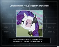 Size: 1280x1024 | Tagged: safe, alternate version, artist:a4r91n, derpibooru import, rarity, pony, unicorn, clothes, command and conquer, command and conquer: generals, crossover, disappointed, frown, hmd, laser, military uniform, solo, uniform, you win