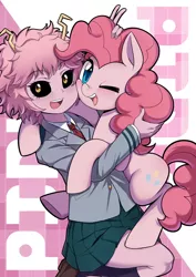 Size: 1800x2545 | Tagged: safe, artist:caibaoreturn, derpibooru import, pinkie pie, earth pony, pony, anime, cheek squish, clothes, crossover, cute, diapinkes, duo, female, happy, holding a pony, hug, looking at you, mare, mina ashido, minapie, moe, my hero academia, one eye closed, open mouth, pink, pleated skirt, shoes, skirt, smiling, socks, squishy cheeks, sweet dreams fuel, u.a. high school uniform