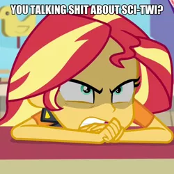 Size: 600x599 | Tagged: safe, derpibooru import, edit, edited screencap, screencap, sunset shimmer, equestria girls, equestria girls series, rollercoaster of friendship, angry, cropped, implied lesbian, implied scitwishimmer, implied shipping, kubrick stare, solo, vulgar