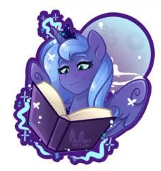 Size: 1700x1800 | Tagged: safe, artist:hiloumuns, derpibooru import, princess luna, alicorn, pony, book, female, magic, mare, moon, s1 luna, simple background, solo, telekinesis, white background