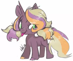 Size: 1268x1062 | Tagged: safe, artist:lavendire, derpibooru import, oc, oc:appletea, unofficial characters only, pony, unicorn, female, filly, freckles, magical lesbian spawn, mare, offspring, parent:applejack, parent:rarity, parents:rarijack, pigtails, simple background, solo, tongue out, white background