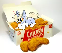 Size: 1000x850 | Tagged: safe, artist:nootaz, derpibooru import, oc, oc:nootaz, pony, unicorn, box, chicken nugget, cute, eating, female, food, heart, mare, mcdonald's, mouth hold, ponies eating meat