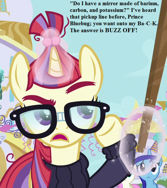 Size: 576x648 | Tagged: amending fences, angry, canterlot, clothes, cropped, derpibooru import, edit, edited screencap, glasses, hat, implied prince blueblood, insult, magic aura, minuette, misnaming, moondancer, party hat, periodic table, pickup line, screencap, stick, suggestive, sweater, text, twinkleshine