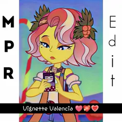 Size: 1385x1385 | Tagged: safe, derpibooru import, edit, edited edit, edited screencap, editor:alelovescool, screencap, vignette valencia, equestria girls, equestria girls series, rollercoaster of friendship, cropped, heart, holly, mobile phone, phone, smartphone, snapchat