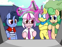 Size: 1280x960 | Tagged: safe, artist:zanezandell, derpibooru import, oc, oc:kid prodigy, oc:krabby, oc:sugarbolt, oc:truffle mint, unofficial characters only, earth pony, pegasus, pony, unicorn, comic:cmcnext, angry, ascot, bipedal, cape, clothes, cmcnext, colt, crossed arms, frown, glasses, glowing horn, goggles, lever, levitation, magic, magical gay spawn, magical lesbian spawn, male, necktie, offspring, parent:bon bon, parent:fluttershy, parent:lyra heartstrings, parent:oc:bright idea (cmcn), parent:oc:prodigious intellect, parents:lyrabon, scarf, scientific gay spawn, shirt, telekinesis, wrench