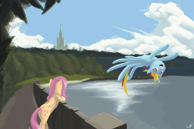 Size: 6000x4000 | Tagged: safe, artist:madgehog, derpibooru import, fluttershy, rainbow dash, pegasus, pony, female, happy, mare, moscow, nature, russia, sky