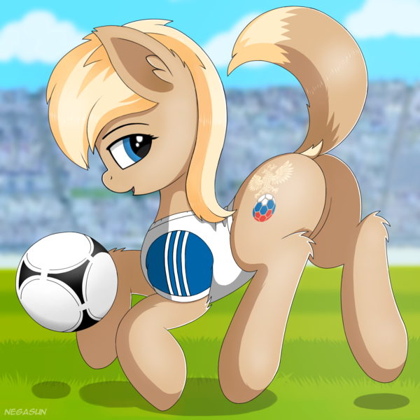 Size: 2048x2048 | Tagged: safe, artist:negasun, derpibooru import, ponified, earth pony, pony, dock, female, football, mare, plot, rule 63, russia, soccer field, solo, sports, world cup, world cup 2018, zabivaka