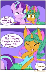 Size: 1280x1986 | Tagged: safe, artist:kryptchild, derpibooru import, snails, starlight glimmer, pony, unicorn, ask glitter shell, comic:glim glam and pals, alternate hairstyle, bow, clothes, comic, crossdressing, cute, dress, giggling, glitter shell, hair bow, speech bubble