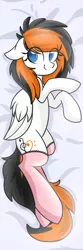 Size: 640x1920 | Tagged: safe, artist:meowmavi, derpibooru import, oc, oc:rainy sky, unofficial characters only, pegasus, pony, blushing, body pillow, body pillow design, clothes, cutie mark, female, floppy ears, folded wings, full body, lace, laying on bed, looking at you, looking over shoulder, lying down, mare, pink socks, side, smiling, socks, solo, thigh highs, wings, ych result