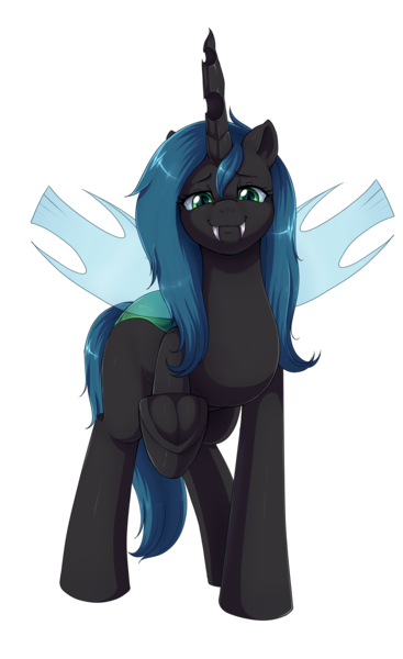 Size: 1456x2379 | Tagged: artist:evomanaphy, changeling, changeling oc, changeling princess, derpibooru import, fangs, looking at you, oc, oc:cyclorra, safe, simple background, smiling, solo, transparent background, underhoof, unofficial characters only