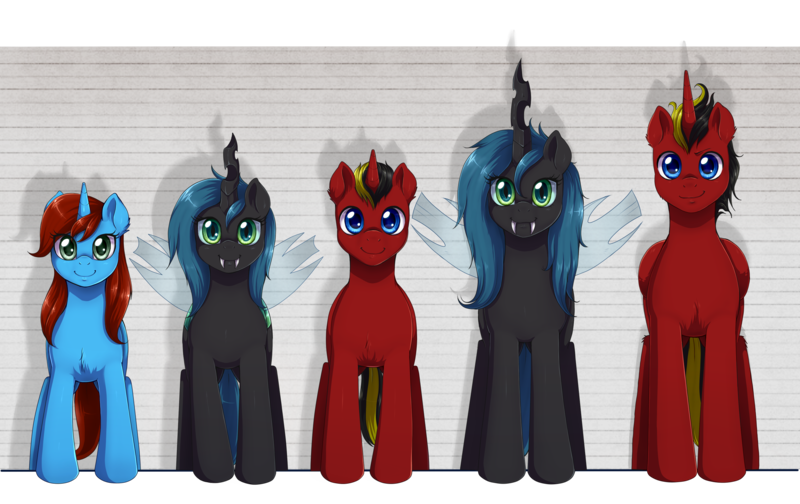 Size: 3071x1933 | Tagged: safe, artist:evomanaphy, derpibooru import, oc, oc:blazing light, oc:cyclorra, unofficial characters only, alicorn, changeling, unicorn, alicorn oc, changeling oc, disguise, disguised changeling, fangs, female, looking at you, male, mare, size chart, size comparison, smiling, stallion, standing