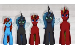 Size: 3071x1933 | Tagged: safe, artist:evomanaphy, derpibooru import, oc, oc:blazing light, oc:cyclorra, unofficial characters only, alicorn, changeling, unicorn, alicorn oc, changeling oc, disguise, disguised changeling, fangs, female, looking at you, male, mare, size chart, size comparison, smiling, stallion, standing