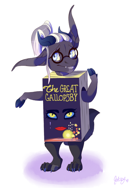 Size: 983x1415 | Tagged: artist:qatsby, book, clothes, costume, derpibooru import, draconequus, draconequus oc, hybrid, interspecies offspring, next generation, nightmare night, oc, oc:persephone, offspring, parent:discord, parents:discolight, parent:twilight sparkle, safe, simple background, solo, the great gatsby, unofficial characters only, white background