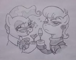 Size: 960x752 | Tagged: safe, artist:kalyandra, derpibooru import, mayor mare, ms. harshwhinny, pony, alcohol, blushing, drunk, drunk bubbles, martini, professionalism, sketch, smiling, traditional art, wine