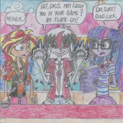 Size: 1544x1538 | Tagged: safe, artist:nephilim rider, derpibooru import, sci-twi, sunset shimmer, twilight sparkle, oc, oc:heaven lost, equestria girls, equestria girls series, rollercoaster of friendship, traditional art