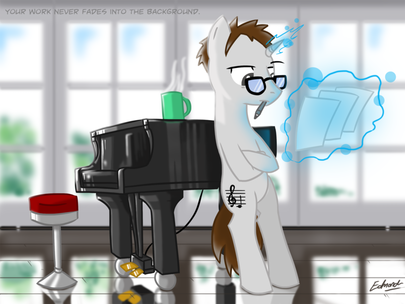 Size: 2000x1500 | Tagged: safe, artist:edvedd, derpibooru import, ponified, pony, unicorn, bipedal, bipedal leaning, composer, glowing horn, leaning, magic, mouth hold, piano, solo, stool, telekinesis, william anderson, window