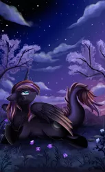 Size: 2150x3509 | Tagged: safe, artist:pridark, derpibooru import, oc, unofficial characters only, pony, commission, draconicorn, female, flower, horn, looking up, night, scenery, solo, stars, tree, unknown species, wings