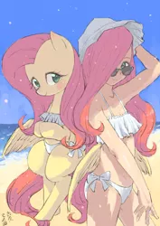 Size: 1448x2048 | Tagged: safe, artist:yanamosuda, derpibooru import, fluttershy, oc, oc:shymos, human, pony, armpits, beach, bikini, breasts, cleavage, clothes, delicious flat chest, flattershy, hat, human ponidox, humanized, self ponidox, side-tie bikini, small breasts, sun hat, sunglasses, swimsuit