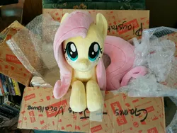 Size: 3264x2448 | Tagged: safe, artist:buttercupbabyppg, artist:element0fkindness, derpibooru import, fluttershy, pony, toy pony, box, cute, irl, looking at you, photo, plushie, real, shyabetes, toy, weapons-grade cute
