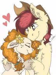 Size: 768x1024 | Tagged: safe, artist:ilovelionspeace, derpibooru import, bright mac, pear butter, pony, brightbutter, cowboy hat, ear fluff, eyes closed, female, floppy ears, flower, flower in hair, fluffy, freckles, hat, heart, male, mare, shipping, simple background, smiling, stallion, straight, white background