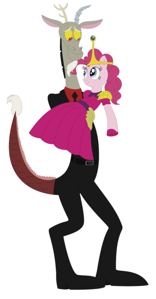 Size: 2328x4456 | Tagged: artist needed, safe, derpibooru import, discord, pinkie pie, adventure time, carrying, cartoon network, couple, crossover, discopie, female, husband and wife, love, male, nergal, nergal and princess bubblegum, princess bubblegum, shipping, straight, the grim adventures of billy and mandy