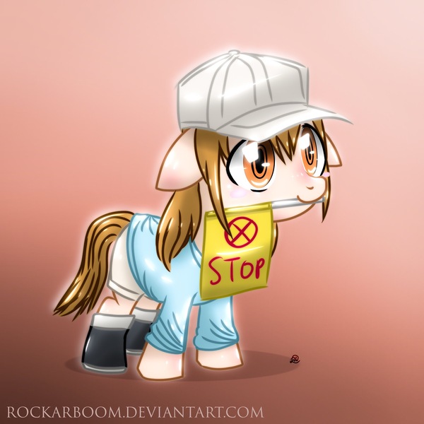 Size: 2048x2048 | Tagged: safe, artist:rockarboom, derpibooru import, ponified, earth pony, pony, anime, boots, cap, cells at work, clothes, female, filly, gradient background, hat, mouth hold, parody, platelets, shirt, shoes, sign, solo, stop sign, t-shirt