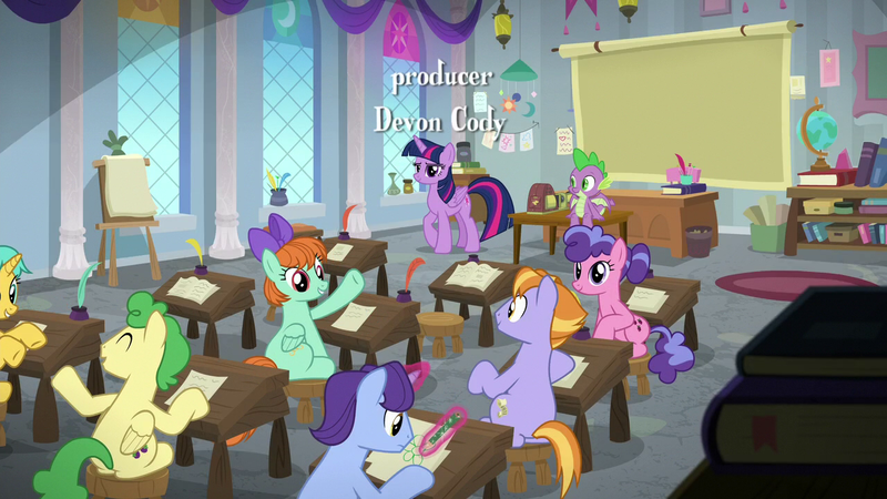 Size: 1280x720 | Tagged: safe, derpibooru import, screencap, spike, twilight sparkle, twilight sparkle (alicorn), alicorn, dragon, earth pony, pegasus, pony, unicorn, marks for effort, devon cody, inkwell, quill, school of friendship, winged spike