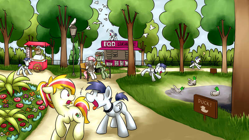 Size: 1920x1080 | Tagged: safe, artist:sugar morning, derpibooru import, oc, oc:mocha borgia, oc:news ticker, oc:praline, oc:slipstream, oc:sugar morning, unofficial characters only, bird, dog pony, duck, earth pony, mallard, pegasus, pony, equestria daily, behaving like a dog, bench, boofy, boofy is a good boy, collar, cute, doodle, female, flower, food, funny, grass, happy birthday, hooflong, ice cream, ice cream cart, male, mare, multeity, newspaper, oc x oc, park, pond, sandwich, self ponidox, shipping, sketch, stallion, straight, subway, sugarstream, surprised, tree, wat, weird