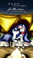 Size: 750x1334 | Tagged: safe, artist:sugar morning, derpibooru import, oc, oc:slipstream, oc:sugar morning, unofficial characters only, pegasus, pony, beach, blanket, bonfire, campfire, chocolate, couple, cute, date, female, food, happy anniversary, holding hooves, hot chocolate, love, male, mare, night, oc x oc, romantic, sand, shipping, stallion, starry sky, straight, sugarstream, tent, thermos
