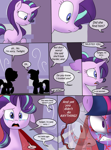 Size: 900x1214 | Tagged: semi-grimdark, artist:emositecc, derpibooru import, starlight glimmer, twilight sparkle, twilight sparkle (alicorn), oc, oc:nebula, alicorn, pony, unicorn, comic:empty halls, comic, crying, dialogue, female, floppy ears, gritted teeth, mare, possessed, silhouette