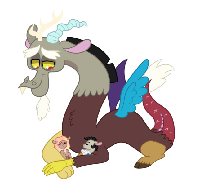 Size: 1024x934 | Tagged: artist:ashidaii, baby draconequus, derpibooru import, discord, father and child, hybrid, interspecies offspring, oc, oc:entropy, oc:solstice, offspring, parent:discord, parent:princess celestia, parents:dislestia, prone, safe, simple background, transparent background