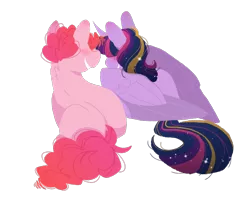 Size: 788x648 | Tagged: safe, artist:raggityfox, derpibooru import, pinkie pie, twilight sparkle, twilight sparkle (alicorn), alicorn, earth pony, pony, ethereal mane, female, folded wings, lesbian, mare, missing cutie mark, rainbow power, shipping, simple background, starry mane, transparent background, twinkie