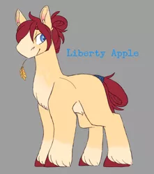 Size: 1414x1600 | Tagged: safe, artist:raggityfox, derpibooru import, oc, oc:liberty apple, unofficial characters only, earth pony, pony, chest fluff, gray background, male, offspring, parent:big macintosh, parent:nurse redheart, parents:nursemac, simple background, solo, stallion, straw in mouth, unshorn fetlocks