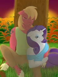 Size: 2448x3264 | Tagged: anthro, artist:crimsonglow, big macintosh, breasts, busty rarity, cleavage, derpibooru import, female, male, rarimac, rarity, safe, shipping, shoulderless, sleeping, straight, sunset, tree, unguligrade anthro