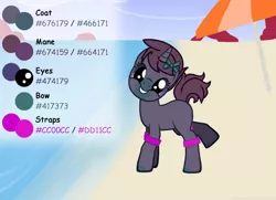 Size: 900x650 | Tagged: safe, derpibooru import, oc, oc:byteslice, unofficial characters only, pony, unicorn, pony creator, beach, bow, bowtie, comic sans, hair bow, looking at you, male, raised leg, reference sheet, smiling, solo, stallion