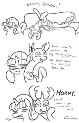 Size: 697x1092 | Tagged: safe, artist:jargon scott, derpibooru import, starlight glimmer, thorax, changedling, changeling, pony, unicorn, bad pun, black and white, comic, couch, dialogue, double entendre, duo, explaining the joke, female, grayscale, horny, king thorax, lineart, male, mare, monochrome, pun, side hug, sigh, simple background, starlight is not amused, unamused, white background