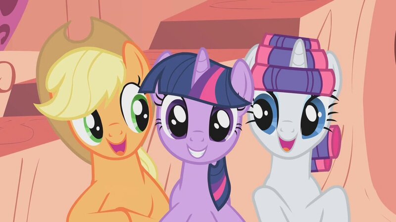 Size: 1200x675 | Tagged: safe, derpibooru import, screencap, applejack, rarity, twilight sparkle, pony, look before you sleep, golden oaks library, hair curlers