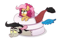 Size: 1024x723 | Tagged: safe, artist:ashidaii, derpibooru import, oc, oc:entropy, oc:silly string, draconequus, earth pony, hybrid, pony, coiling, female, interspecies offspring, mare, offspring, parent:cheese sandwich, parent:discord, parent:pinkie pie, parent:princess celestia, parents:cheesepie, parents:dislestia, simple background, transparent background