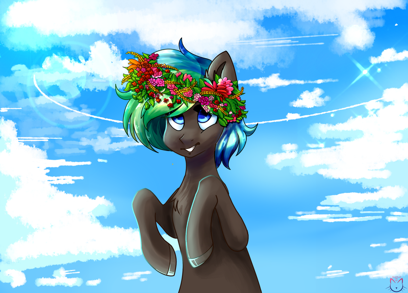 Size: 2555x1833 | Tagged: safe, artist:sakura-sven, derpibooru import, oc, oc:bright idea, unofficial characters only, pony, cloud, cloudy, floral head wreath, flower, solo