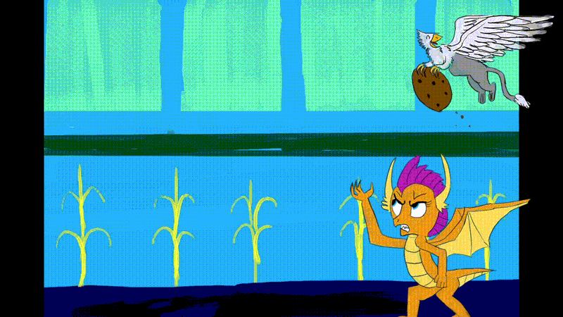 Size: 1280x720 | Tagged: safe, artist:horsesplease, derpibooru import, smolder, oc, oc:der, dragon, gryphon, angry, animated, cookie, flying, food, gif, paint tool sai, pun, smol, stuck, that griffon sure "der"s love cookies