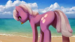 Size: 2560x1440 | Tagged: suggestive, artist:quvr, derpibooru import, cheerilee, earth pony, pony, beach, female, food, mare, orange, plot, solo