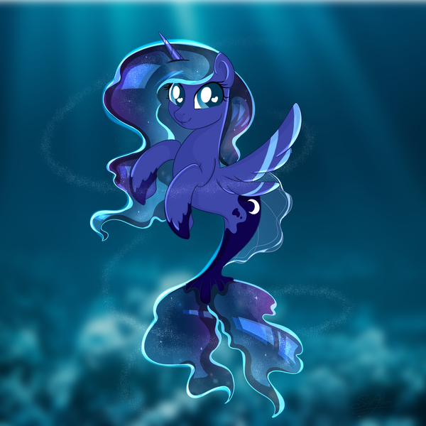 Size: 3000x3000 | Tagged: safe, artist:saralien, derpibooru import, princess luna, cute, female, heart eyes, lunabetes, seaponified, solo, species swap, wingding eyes