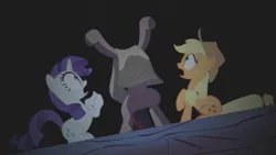 Size: 1280x720 | Tagged: safe, derpibooru import, screencap, applejack, rarity, twilight sparkle, earth pony, headless horse, pony, unicorn, look before you sleep, bipedal, blanket, cowboy hat, female, hat, headless, mare, scared, trio, unicorn twilight