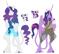 Size: 1100x1000 | Tagged: safe, artist:erisartiswitchcraft, artist:moonhowlerel, derpibooru import, part of a set, rarity, twilight sparkle, twilight sparkle (alicorn), alicorn, anthro, classical unicorn, unguligrade anthro, unicorn, alternative cutie mark placement, armor, bandage, base used, clothes, cloven hooves, duo, ear piercing, earring, female, jewelry, leonine tail, looking at each other, necklace, piercing, reference sheet, shorts, simple background, transparent background, unshorn fetlocks