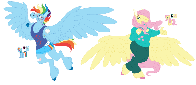 Size: 2300x1000 | Tagged: alternate hairstyle, alternative cutie mark placement, anthro, artist:erisartiswitchcraft, artist:moonhowlerel, bandaid, base used, clothes, derpibooru import, duo, ear piercing, earring, female, fluttershy, flying, freckles, jewelry, large wings, looking at each other, part of a set, pegasus, piercing, rainbow dash, reference sheet, safe, shorts, simple background, spread wings, sweater, sweatershy, transparent background, unguligrade anthro, wings