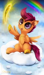 Size: 2929x5008 | Tagged: safe, artist:darksly, derpibooru import, scootaloo, pegasus, pony, blushing, cloud, cutie mark, feather, female, filly, foal, hooves, horseshoes, on a cloud, open mouth, rainbow, scootaloo can fly, sitting, sitting on cloud, solo, spread wings, teeth, wings