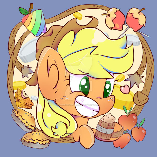 Size: 900x900 | Tagged: safe, artist:kumikoponylk, derpibooru import, applejack, earth pony, pony, apple, apple pie, chibi, cider, food, mug, pie, smiling, tankard, watermark, zap apple