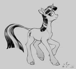 Size: 900x810 | Tagged: safe, artist:amarynceus, deleted from derpibooru, derpibooru import, twilight sparkle, classical unicorn, pony, unicorn, cloven hooves, female, gray background, grayscale, leonine tail, mare, monochrome, raised hoof, realistic horse legs, simple background, solo, unicorn twilight, unshorn fetlocks