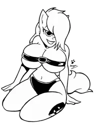 Size: 938x1222 | Tagged: anthro, artist:duragan, big breasts, bondage, breasts, curvy, derpibooru import, female, flirty, hair over one eye, huge breasts, ink, inked, monochrome, oc, oc:double entendre, pose, sexy, signature, simple background, smiling, solo, solo female, suggestive, white background